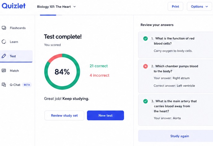 quizlet test score screenshot
