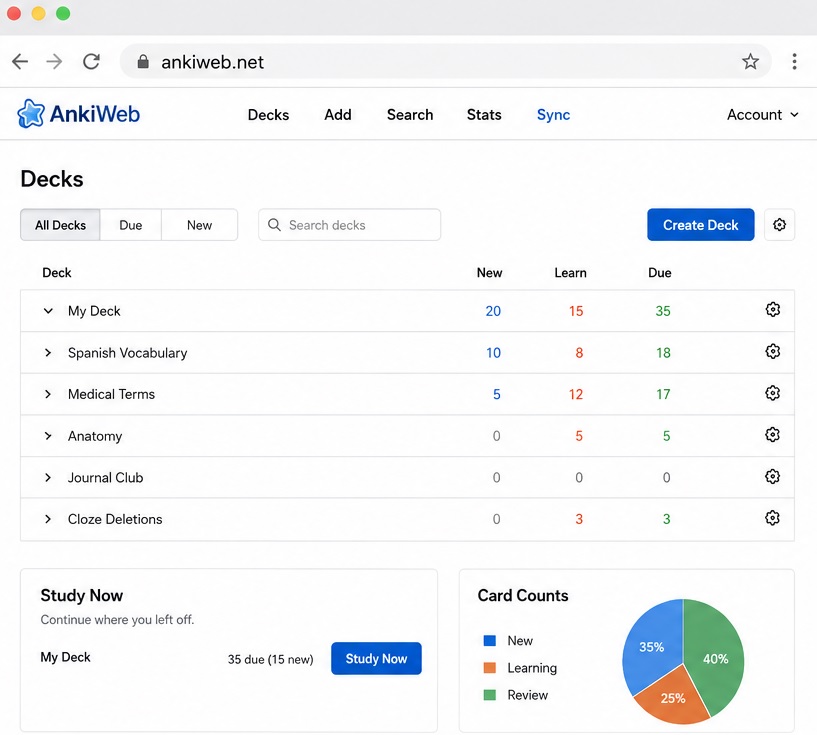 screenshot of ankiweb dashboard